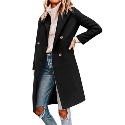 Generisch Übergangsmantel Damen Zweireiher Lange Mantel Trenchcoat Winddichter Reverskragen Damenmantel Baumwolle Windjacke Klassische Jacke Einfarbig Trench Mit Gürtel von Generisch