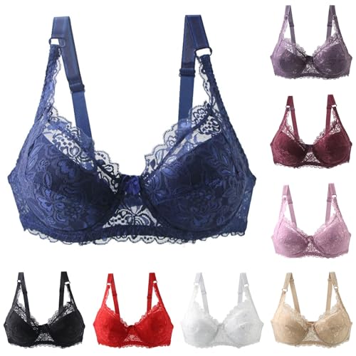 Generisch Übergröße Minimizer Damen Bügel Ungefütterte BHS mit Stickspitze Damen Push Up BH Vollschalen Ungepolster Floraler Spitze Klassische Haltungskorrektur Soft Cup Bra Komfort Alltag von Generisch