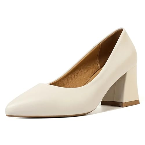 Generisch Übergröße Mittlere Ältere Damen Pumps Mode Blockabsatz Spitzschuh High Heel Büroschuhe Hochzeit Abend Party High Heels(Beige,38 EU) von Generisch