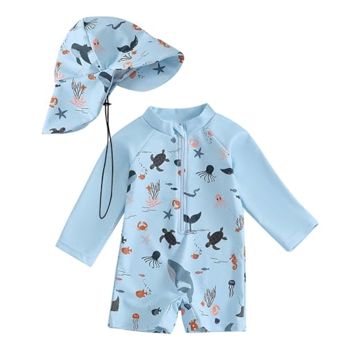 Generisch UV Badebekleidung Baby Badeanzug Mit Sonnenhut UPF 50+ inteiler Badeanzüge Für Mädchen Jungen Neoprenanzug Schwimmanzug Kinder Swimsuit Badekleider Swimming Suit Strand Schwimmen Kleidung von Generisch