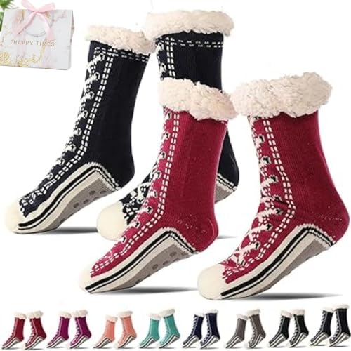 Generisch Ultra-Thick Cashmere Slipper Socks for Women, Non-Slip Home Socks，Fuzzy Fluffy Winter Warm Soft Thick Thermal (Black+Red(2Pcs)) von Generisch