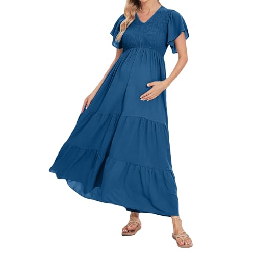 Generisch Umstandskleid Sommer Lang Umstandsmode Kleid Kurzarm V-Ausschnitt Schwangerschafts Maxikleid für Babyparty Fotoshooting Schwangerschaftskleid Sommerkleid Mutterschaft Umstandskleider von Generisch