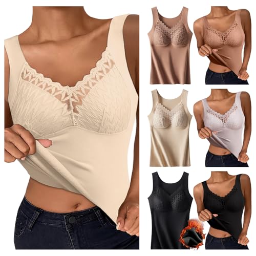 Generisch Unterhemd mit BH Damen Winter BH Hemd Ohne Bügel mit Cups V-Ausschnitt Thermo Fleece Unterhemden Ärmellos Gefütterte Tank Top Eingebauter BH Wärme und Warme Weste Halten von Generisch