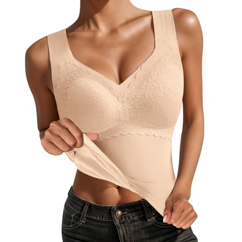 Generisch Unterhemd mit BH Damen Winter BH Hemd Ohne Bügel mit Cups V-Ausschnitt Thermo Fleece Unterhemden Ärmellos Gefütterte Tank Top Eingebauter BH Wärme und Warme Weste Halten von Generisch