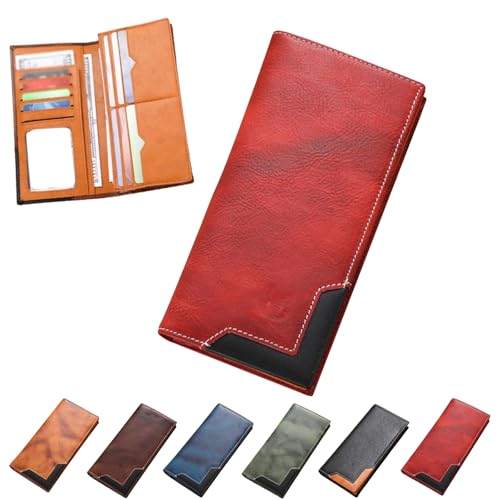 Generisch Upliftjoys Cowhide Vintage Wallet, Men Long Leather Bifold Wallet, Multiple Compartments, Large Capacity (Red) von Generisch