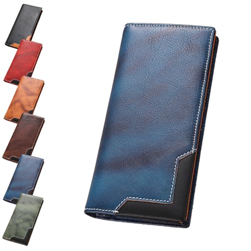 Generisch Upliftjoys Cowhide Vintage Wallet, Mens Leather Bifold Long Card Wallets for Father Mens Big Checkbook Handcrafted Wallets (Blue) von Generisch
