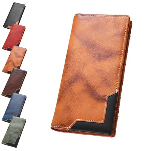 Generisch Upliftjoys Cowhide Vintage Wallet, Mens Leather Bifold Long Card Wallets for Father Mens Big Checkbook Handcrafted Wallets (Yellow) von Generisch