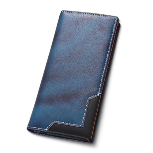 Generisch Upliftjoys Cowhide Vintage Wallet, Stylish Patchwork Design Long Wallet for Men, Large Capacity with RFID Blocking Function (Blue) von Generisch