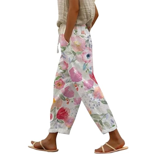 Generisch Urlaub Must Haves Jogginghose Damen Sale 7/8 Hose Damen Sommer Leicht Capri Leinenhose Sommerhose Baumwolle Leinen Stoffhose Lockere Strandhose Freizeithose Sale Bekleidung von Generisch