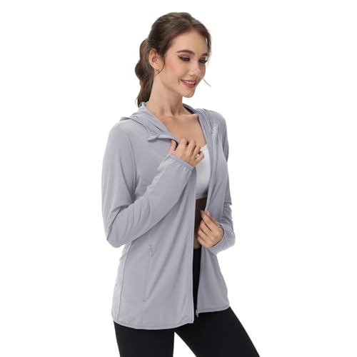Generisch Uv Schutzkleidung Damen Sportjacke Leicht Sommer Kapuzenpullover mit Kapuze Jacke Zip Wanderjacke Yoga Shirt Fahrradjacke Verstellbar Sonnenschutz Running Outfit Damen-Sonnenschutzhemd von Generisch