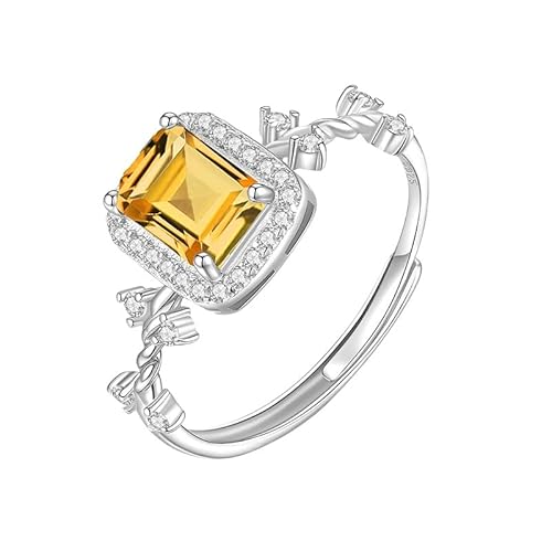 Generisch Verlobungsring Aus 925Er Sterlingsilber Für Damen, Smaragdschliff, Natürlicher Amethyst/Citrin/Topas/Peridot/Rubin, Verstellbar, Zirkonia, Ehering, Citrin von Generisch
