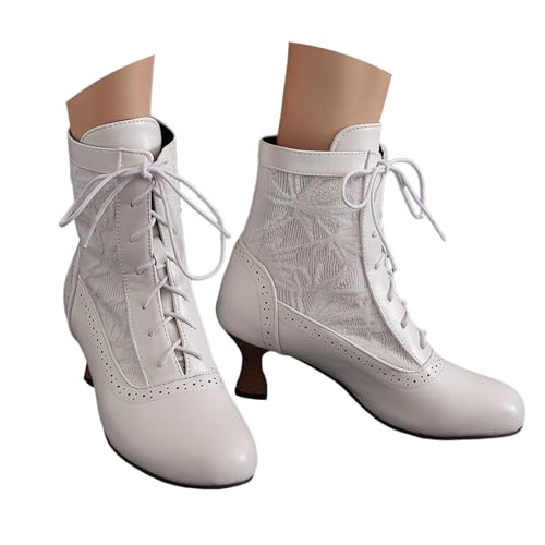 Generisch Viktorianische Stiefel für Damen Vintage Lolita Stiefel Mid Heels Schnürstiefel Mid Calf Niedliche Übergangsstiefel Ritter Freizeitschuhe Chunky Low Absatz Kurzstiefel Ankle Boots von Generisch