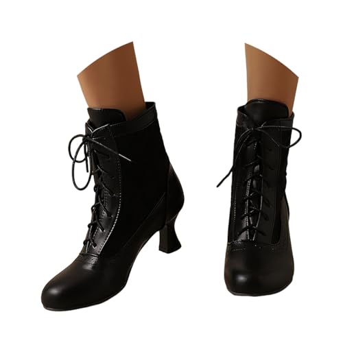 Generisch Viktorianische Stiefel für Damen Vintage Lolita Stiefel Mid Heels Schnürstiefel Mid Calf Niedliche Übergangsstiefel Ritter Freizeitschuhe Chunky Low Absatz Kurzstiefel Ankle Boots von Generisch
