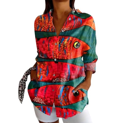 Generisch Vintage Hemde Damen Tier Kunstdruck Hemdbluse Button Down Baumwoll Hemdshirt Oberteil Locker Reverkragen Blusenshirt Langarmshirt Sommer Elegant Bluse Tunika(#01-01, L) von Generisch