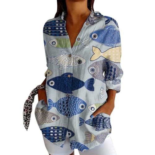 Generisch Vintage Hemde Damen Tier Kunstdruck Hemdbluse Button Down Baumwoll Hemdshirt Oberteil Locker Reverkragen Blusenshirt Langarmshirt Sommer Elegant Bluse Tunika(#01-02, XXL) von Generisch