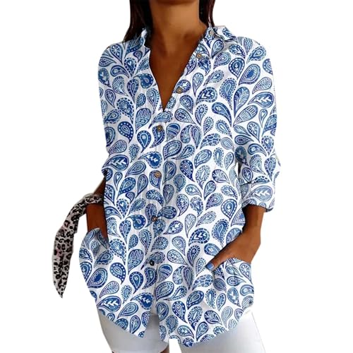 Generisch Vintage Hemde Damen Tier Kunstdruck Hemdbluse Button Down Baumwoll Hemdshirt Oberteil Locker Reverkragen Blusenshirt Langarmshirt Sommer Elegant Bluse Tunika(#01-08, XL) von Generisch