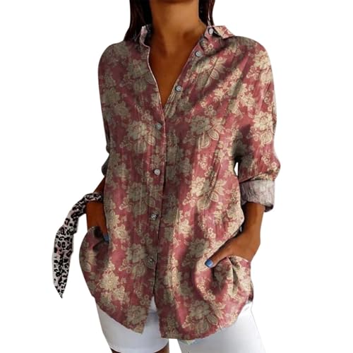 Generisch Vintage Hemde Damen Tier Kunstdruck Hemdbluse Button Down Baumwoll Hemdshirt Oberteil Locker Reverkragen Blusenshirt Langarmshirt Sommer Elegant Bluse Tunika(#01-11, XL) von Generisch