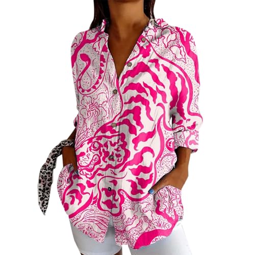 Generisch Vintage Hemde Damen Tier Kunstdruck Hemdbluse Button Down Baumwoll Hemdshirt Oberteil Locker Reverkragen Blusenshirt Langarmshirt Sommer Elegant Bluse Tunika(#01-12, 3XL) von Generisch