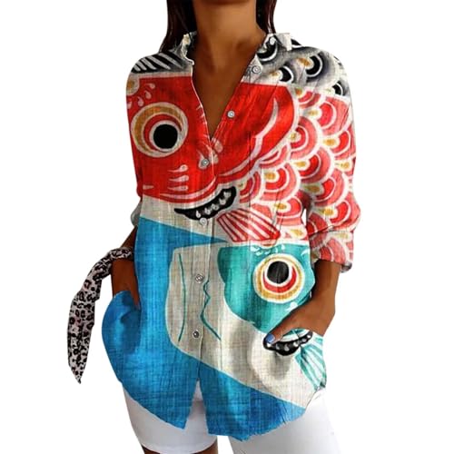 Generisch Vintage Hemde Damen Tier Kunstdruck Hemdbluse Button Down Baumwoll Hemdshirt Oberteil Locker Reverkragen Blusenshirt Langarmshirt Sommer Elegant Bluse Tunika(#01-16, XL) von Generisch