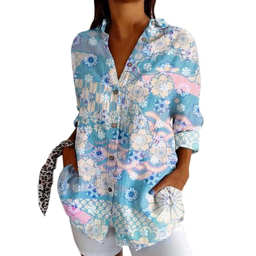 Generisch Vintage Hemde Damen Vintage-Fisch-Kunstdruck Hemdbluse Button-Down-Baumwoll-Leinen Hemdshirt Oberteil Locker Reverkragen Blusenshirt Langarmshirt Sommer Elegant Bluse Tunika von Generisch