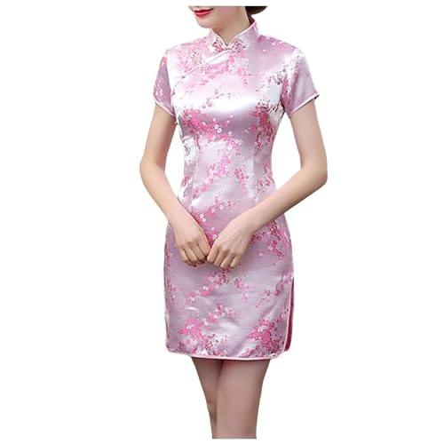 Generisch Vintage Kleid Damen Short Sleeve Mock Turtle Neck Bodycon Tank Short Party Dress Chinese Tang Cheongsam Performance Cheongsam Kleid Kurz Sportlich Elegant (Pink, XL) von Generisch