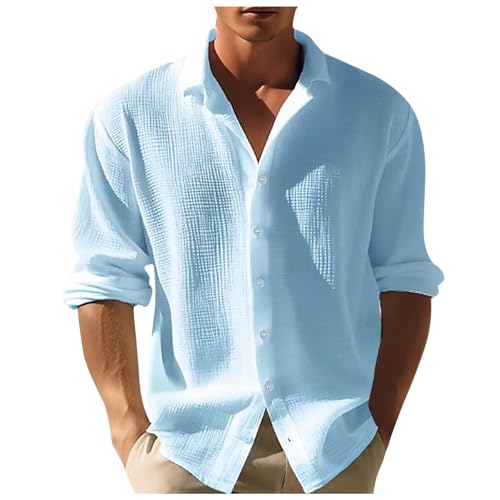 Generisch Waffel Hemd Herren Langarm Hemden Langarm Baumwolle Leichtes Standhemd Sporthemd Freizeithemd Casual Fit Outdoorshirt (Blue, XXL) von Generisch