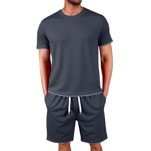 Generisch Waffle Trainingsanzug Herren Jogginganzug Sommer Kurz Freizeitanzug Kurzarm Tshirt + Kurze Jogginghose Sets 2 Teiliges Casual Sommeranzug Fitness Sportanzug Y2K Tracksuit für Männer von Generisch