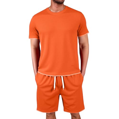 Generisch Waffle Trainingsanzug Herren Jogginganzug Sommer Kurz Freizeitanzug Kurzarm Tshirt + Kurze Jogginghose Sets 2 Teiliges Casual Sommeranzug Fitness Sportanzug Y2K Tracksuit für Männer von Generisch