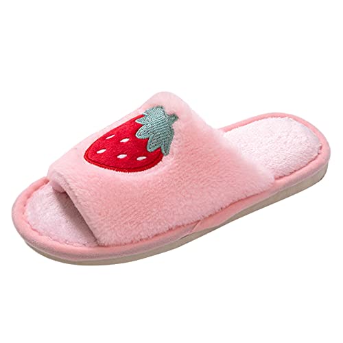 Generisch Walking Schuhe Damen Wasserdicht Damen Fuzzy Faux Memory Foam Flat Slide Slippers Bequeme Offene Zehenhausschuhe Baumwollslipper Damen Schuhe Ballerina Rot (40-41) von Generisch