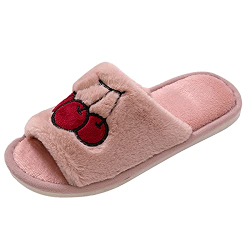 Generisch Walking Schuhe Damen Wasserdicht Damen Fuzzy Faux Memory Foam Flat Slide Slippers Bequeme Offene Zehenhausschuhe Baumwollslipper Damen Schuhe Ballerina Rot (Watermelon Red, 40-41) von Generisch
