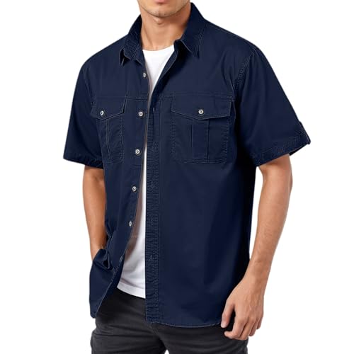 Generisch Wanderhemd Herren Baumwolle Vintage Arbeitsshirts Cargohemd Atmungsaktiv Tactical Militär Herrenhemd Outdoor Reise Hemd Oversized Stretch Arbeitshemd Button Down Freizeithemden von Generisch