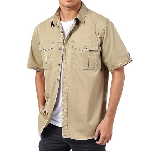 Generisch Wanderhemd Herren Baumwolle Vintage Arbeitsshirts Cargohemd Atmungsaktiv Tactical Militär Herrenhemd Outdoor Reise Hemd Oversized Stretch Arbeitshemd Button Down Freizeithemden von Generisch