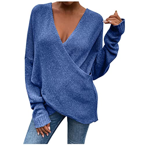 Generisch Warehouse Deal Strickpullover Damen Tiefem V-Ausschnitt Pullover Sexy Kreuz Design Pulli Einfarbig Strick Sweatshirt Langarm Winterpullover Modisch Longsleeve Sweater Locker von Generisch
