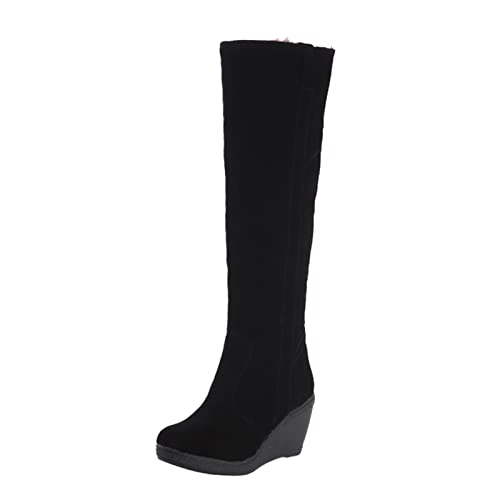 Generisch Warme Stiefel mit Keilabsatz für Damen, Lange Stiefel, Stiefel, Schuhe, Stiefeletten, Kniehohe Schnee-Baumwoll-Damenstiefel Compatible with Motorrad Damen 39 (Black, 37) von Generisch