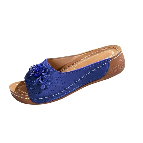 Generisch Wasserschuhe Damen Blumenverzierung, Offener Zehenpartie, Sohle Aus Polyurethan, Flacher Absatz, Einfarbig, Bequeme Schlupfsandalen Mit Dicker Plateausohle (Blue, 37) Sommerschuhe Schwarz von Generisch