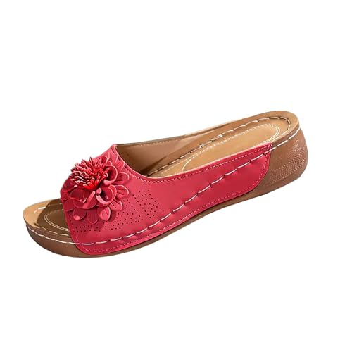 Generisch Wasserschuhe Damen Blumenverzierung, Offener Zehenpartie, Sohle Aus Polyurethan, Flacher Absatz, Einfarbig, Bequeme Schlupfsandalen Mit Dicker Plateausohle (Red, 41) Leichte Sommerschuhe von Generisch