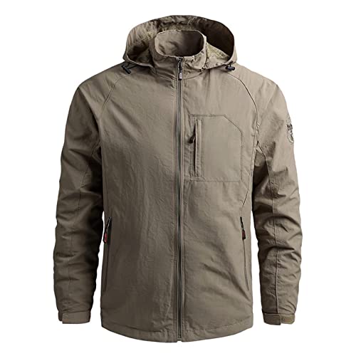 Generisch Waterproof Jacket, Herren Wasserdichte Outdoor Atmungsaktive Wandern Funktionelle Winddichte Regenjacke Mit Kapuze Winterjacke Regenparka Jungen Zusammenfaltbar (L, Khaki) von Generisch
