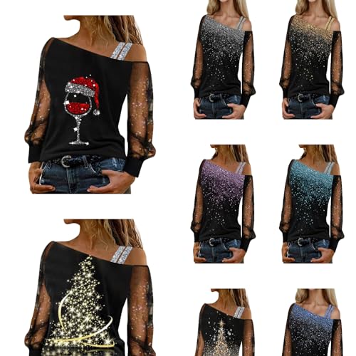 Generisch Weihnachten Damen Elegant Tops Glitzer Langarm Sparkle Party Weihnachten Wickelbluse Aushöhlen Paillettentop Tunika Bluse Oberteile Damen Sexy Glitzer von Generisch