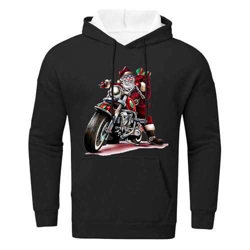 Generisch Weihnachten Hoodie Herren Ugly Christmas Sweater Santa Claus Fährt Motorrad Biker Weihnachten Motorradfahrer Pullover Hoodie Festlicher Pullover für Party (Black, XL) von Generisch