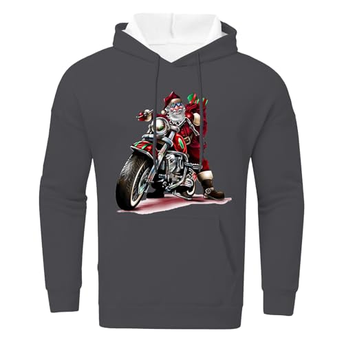 Generisch Weihnachten Hoodie Herren Ugly Christmas Sweater Santa Claus Fährt Motorrad Biker Weihnachten Motorradfahrer Pullover Hoodie Festlicher Pullover für Party (Dark Gray, XL) von Generisch