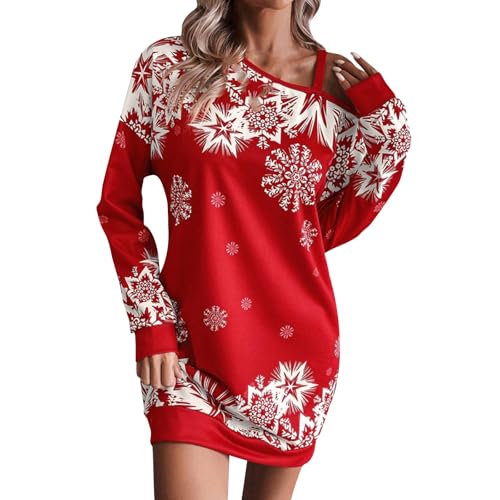 Generisch Weihnachten Kleid Damen Schulterfrei Langarm Weihnachtskleid Schneeflocke Bedrucken Minikleid Christmas Knielang Tunika Kleider Festliche Karneval Partykleid Modisch Weihnachts Shirtkleid von Generisch