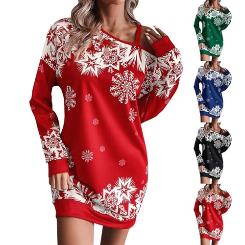 Generisch Weihnachten Kleid Damen Schulterfrei Weihnachtskleid Aushöhlen Langarm Minikleid Schneeflocke Bedrucken Tunika Kleider Festliche Karneval Knielang Shirtkleid Modisch Christmas Partykleid von Generisch