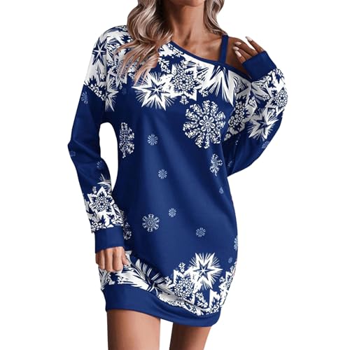 Generisch Weihnachten Kleid Damen Schulterfrei Weihnachtskleid Aushöhlen Langarm Minikleid Schneeflocke Bedrucken Tunika Kleider Festliche Karneval Knielang Shirtkleid Modisch Christmas Partykleid von Generisch