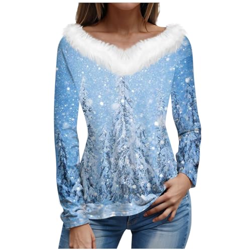 Generisch Weihnachts Damen Pullover,-Shirt Plüschkragen V Ausschnitt Langarm Party Weihnachten Bedrucktes Oberteil Pulli Frauen Hässliche Weihnachtspullover Geschwister Outfit Mädchen (S, Himmelblau) von Generisch