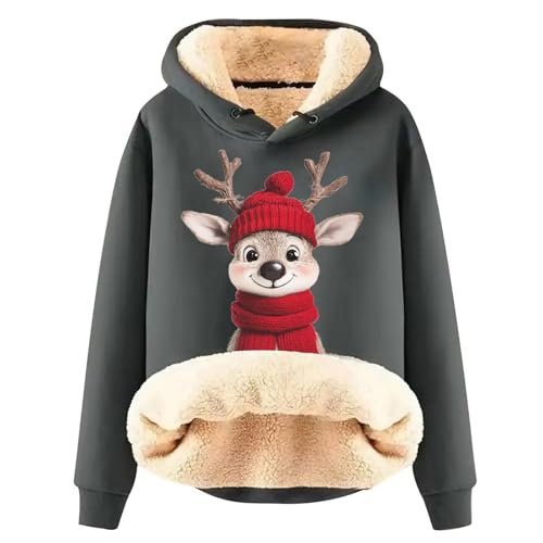 Generisch Weihnachts Hoodie Damen Fleece Gefütterte Weihnachten Sweatshirt mit Kapuze Winter Warm Kapuzenpullover Xmas Hässliches Pullover Damen Fleecepullover Fleece Pulli Casual Thermo Langarmshirt von Generisch