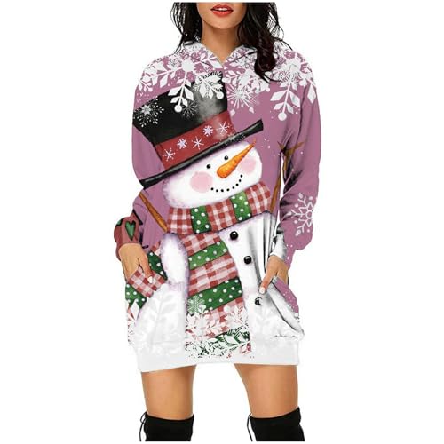 Generisch Weihnachts Kleider Damen Lustiger Schneemann-Print Freizeitkleid Oversize Elegant Kleid Rundhals Hoodie Weihnachtskleid Lang Pullover mit Kapuze Langarmshirt Blusen Pulli von Generisch