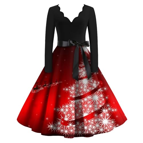 Generisch Weihnachts Kleider Für Frauen, Damen Mode Weihnachten Casual Slim Print Saum Langarm Kleid Rockabilly Christmas Dress Women Cocktailkleid Rot Weißes Festlich Outfit (S, Rot) von Generisch