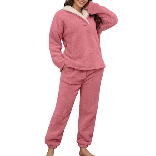 Weihnachts Pyjama - Weihnachts Pyjama Set Damen 2-teiliges Set für Damen Herbst Winter Kuschelig Zweiteiliger Damen Flanell Schlafanzug Einfarbig Strickanzug Klassische Loungewear von Generisch