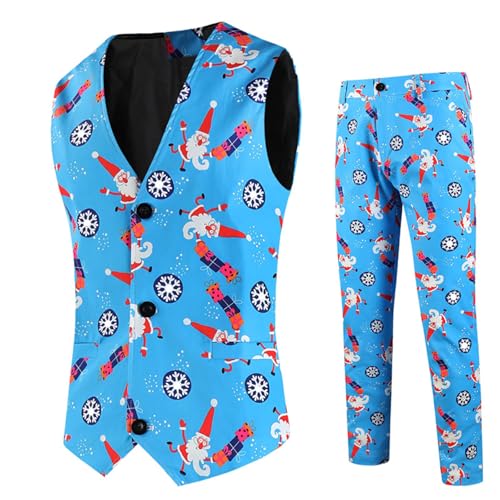 Generisch Weihnachtsanzüge Herren Slim Fit 2 Teilig Lustig Drucke Weihnachten Set Anzugweste Anzughose Zweiteiler Outfit Partyanzug Für Festlich Party Hochzeit Xmas Kostü von Generisch
