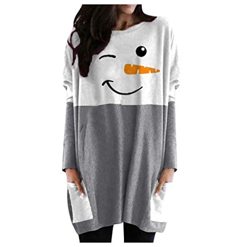 Generisch Weihnachtsbluse Damen Lustig Lang Große Größe - Longpullover für Langarmshirt Lang Oversized Rundhalsausschnitt T-Shirts Casual Sweashirt Tunika Damen Pulli Long-Shirt Kleid mit Taschen von Generisch